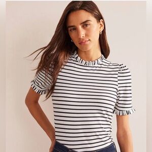 Boden | Super Soft Frill Detail Shirt Top Navy Stripe Size 0 EUC Nautical Preppy